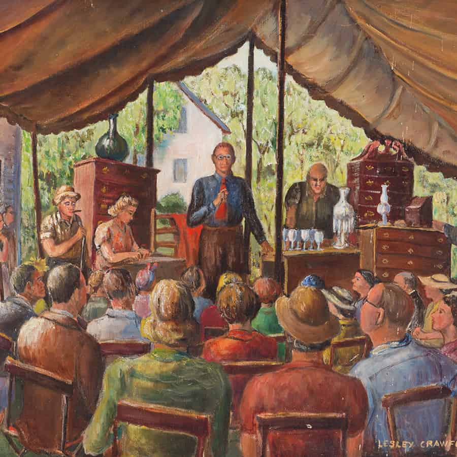 Backyard Auction by Leslie Crawford, oil on canvas, 19 3/4 x 24. Crawford lived and worked in Springfield, Vermont. The auction scenes are some of Lyman Orton’s favorites from his collection of the art of Vermont.